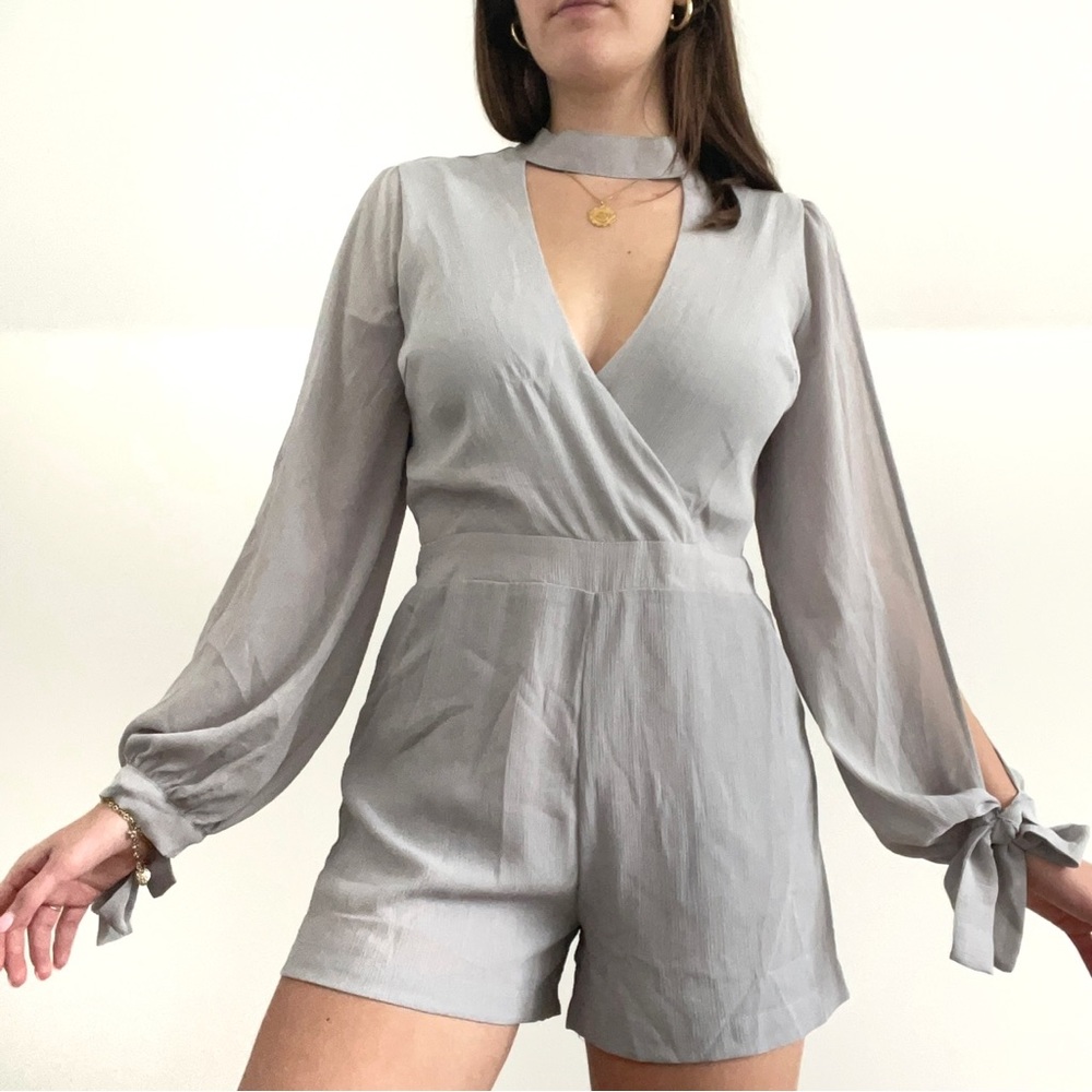Pale blue gray longsleeve vneck romper
